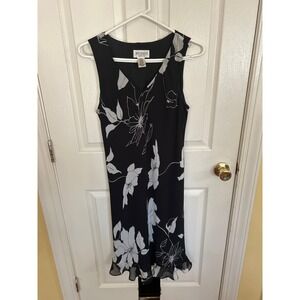 Studio I Petite Black/White Floral Sleeveless Dress, Sheer Overlay Size 10P